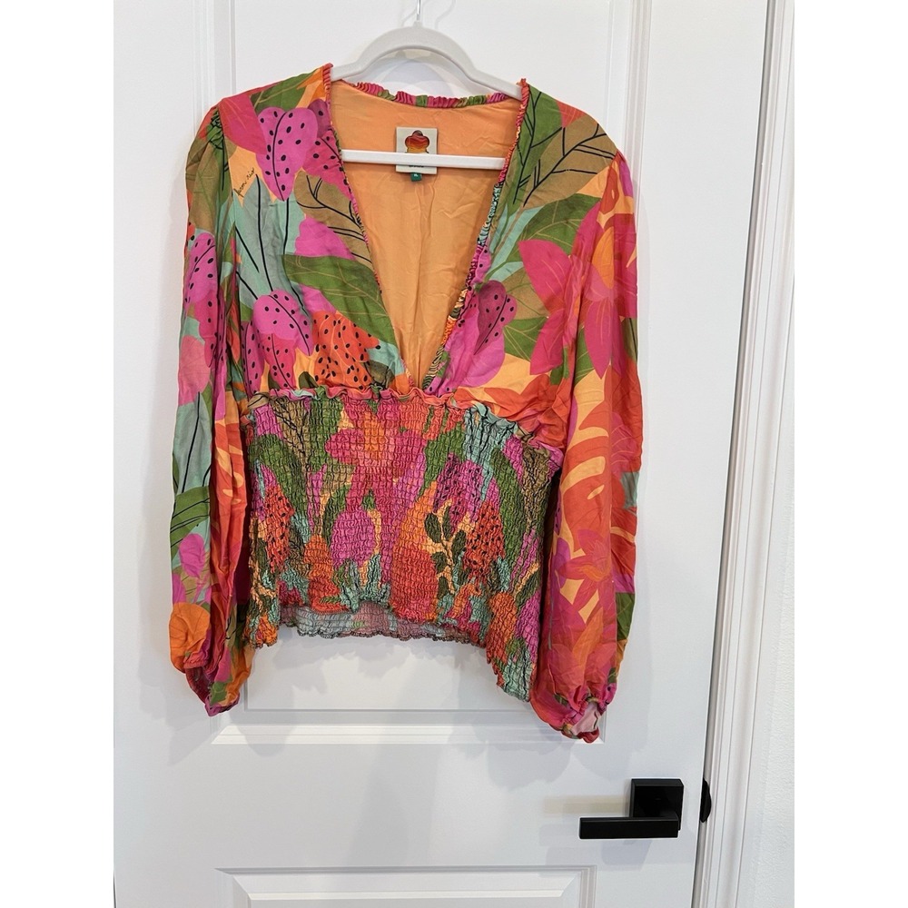 Farm Women's Blouse Colorful Peasant Floral Tropical Print Plunging Neckline XL